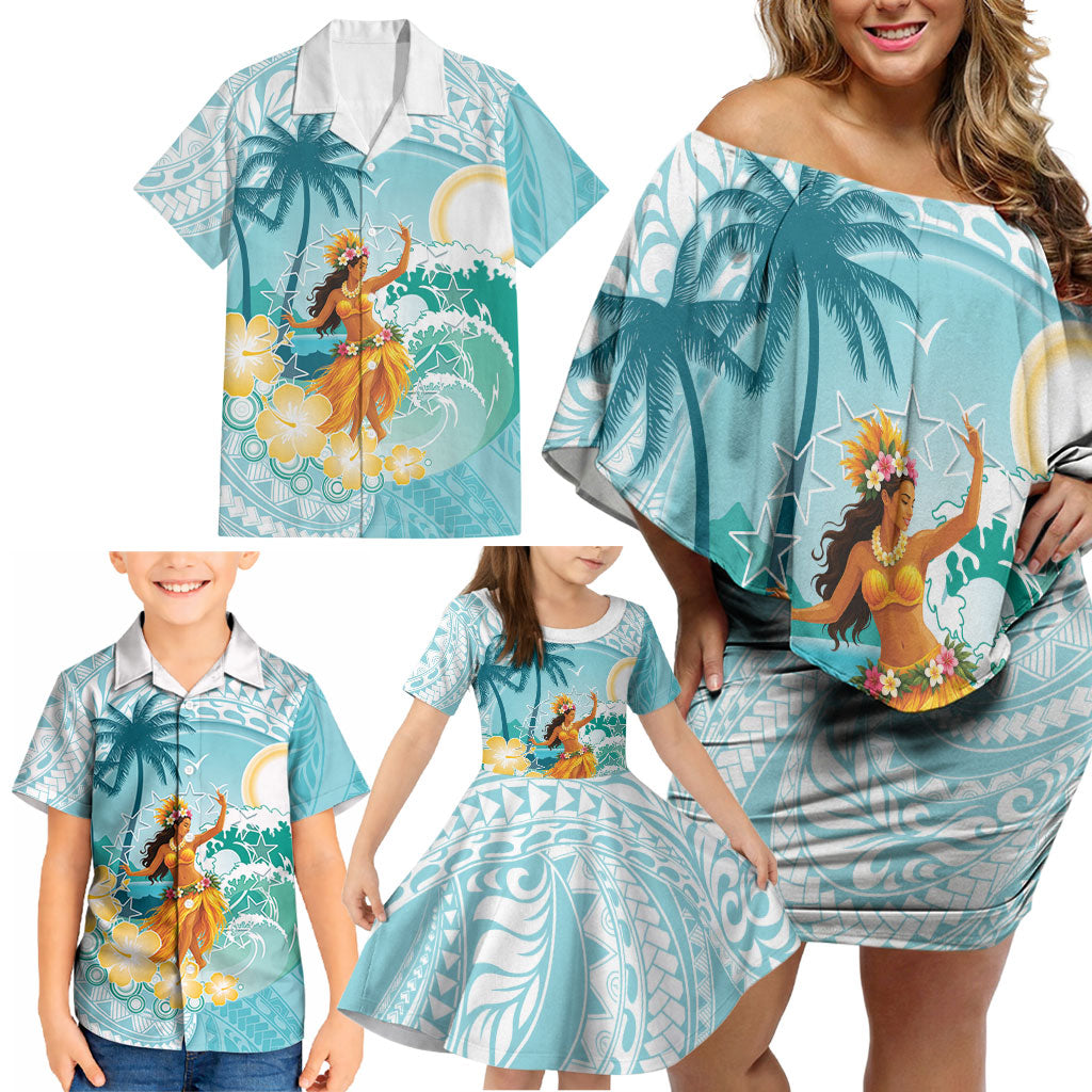 Ura Cook Islands Family Matching Off Shoulder Short Dress and Hawaiian Shirt Kuki 'Airani Traditional Dance Tropical Vibes