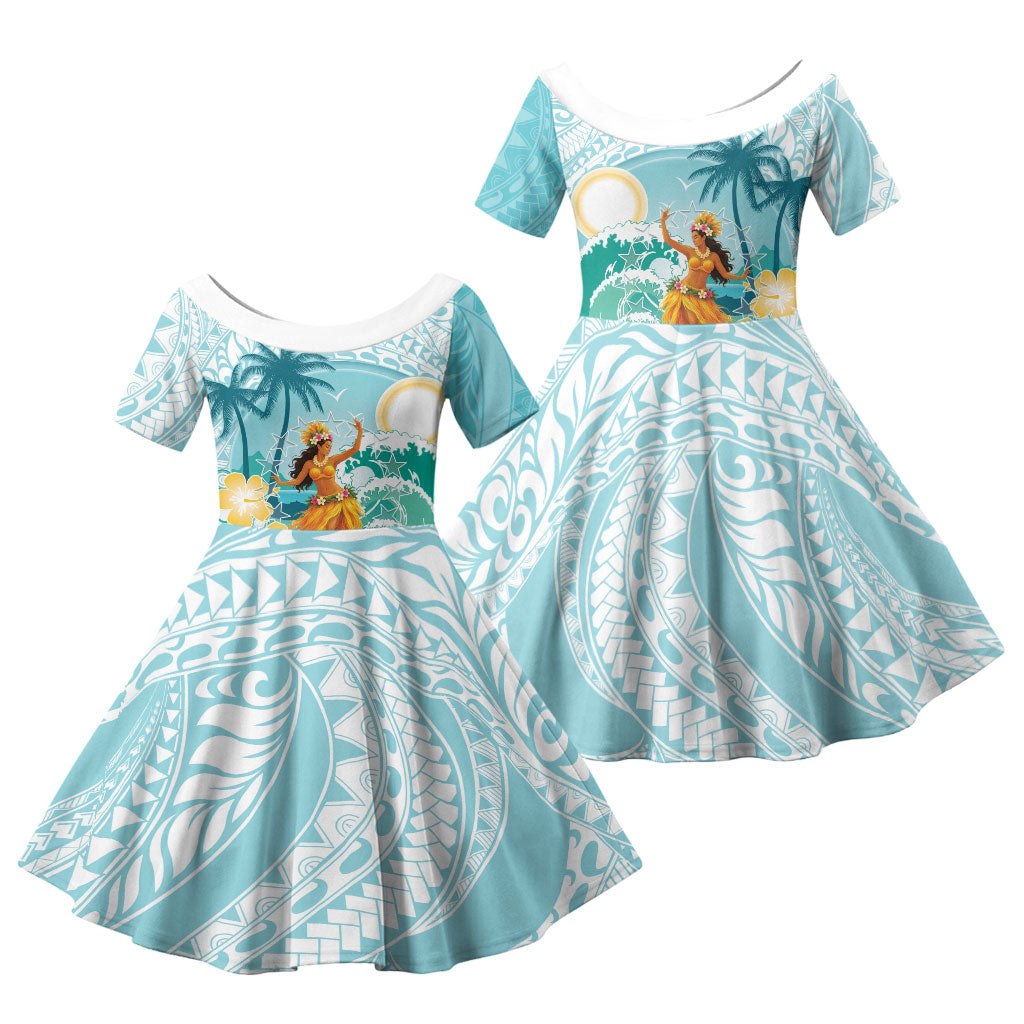 Ura Cook Islands Family Matching Off Shoulder Short Dress and Hawaiian Shirt Kuki 'Airani Traditional Dance Tropical Vibes