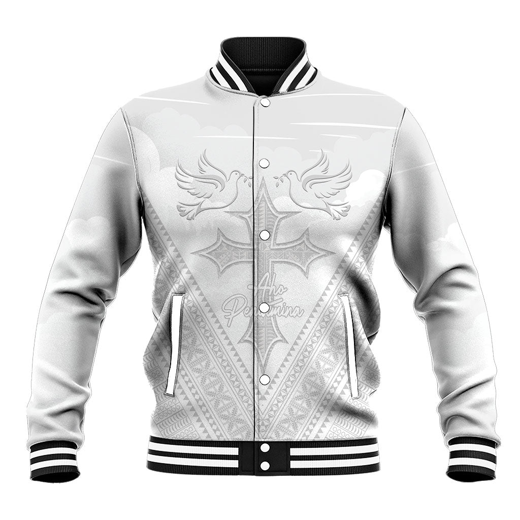 Peniamina Gospel Day Niue Baseball Jacket Cross Dove Hiapo Pattern White