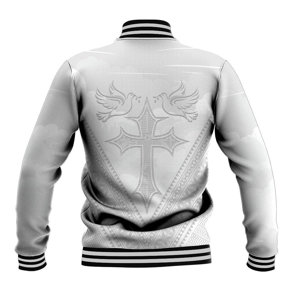 Peniamina Gospel Day Niue Baseball Jacket Cross Dove Hiapo Pattern White