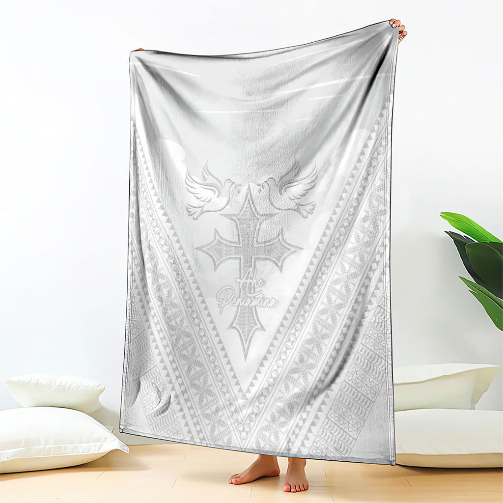 Peniamina Gospel Day Niue Blanket Cross Dove Hiapo Pattern White