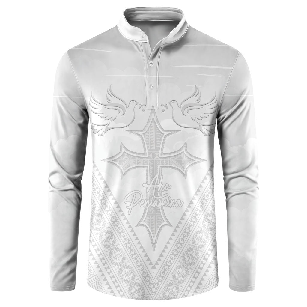 Peniamina Gospel Day Niue Button Sweatshirt Cross Dove Hiapo Pattern White