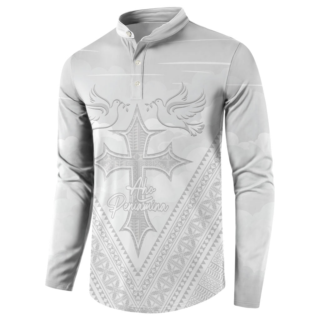 Peniamina Gospel Day Niue Button Sweatshirt Cross Dove Hiapo Pattern White