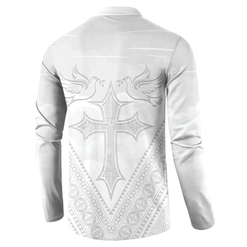 Peniamina Gospel Day Niue Button Sweatshirt Cross Dove Hiapo Pattern White