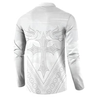 Peniamina Gospel Day Niue Button Sweatshirt Cross Dove Hiapo Pattern White