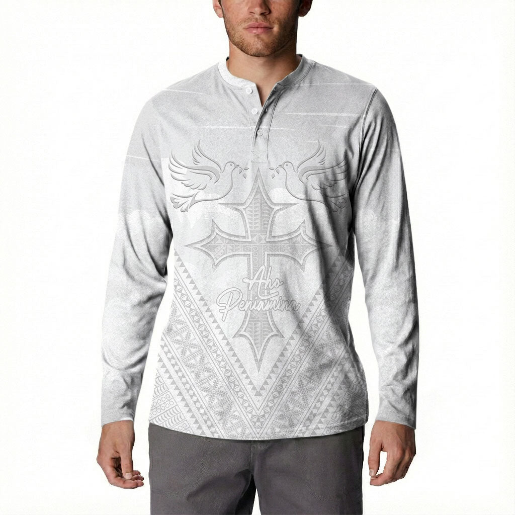 Peniamina Gospel Day Niue Button Sweatshirt Cross Dove Hiapo Pattern White