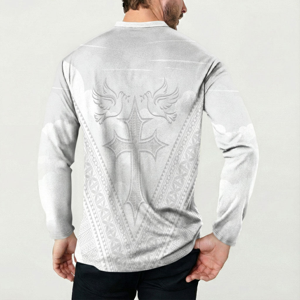 Peniamina Gospel Day Niue Button Sweatshirt Cross Dove Hiapo Pattern White