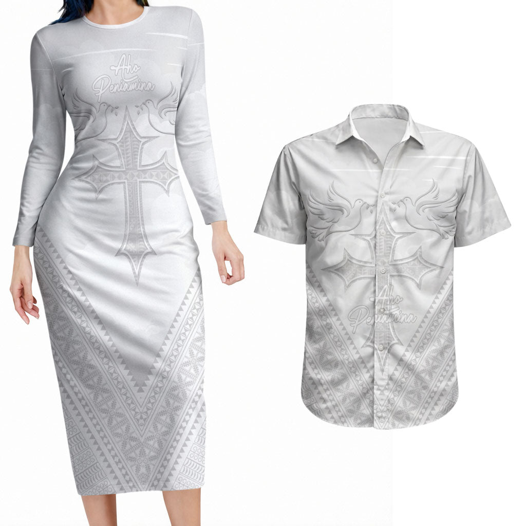 Peniamina Gospel Day Niue Couples Matching Long Sleeve Bodycon Dress and Hawaiian Shirt Cross Dove Hiapo Pattern White LT14 White - Polynesian Pride