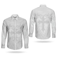 Peniamina Gospel Day Niue Couples Matching Long Sleeve Bodycon Dress and Long Sleeve Button Shirt Cross Dove Hiapo Pattern White LT14 - Polynesian Pride
