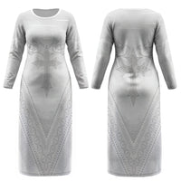 Peniamina Gospel Day Niue Couples Matching Long Sleeve Bodycon Dress and Long Sleeve Button Shirt Cross Dove Hiapo Pattern White LT14 - Polynesian Pride
