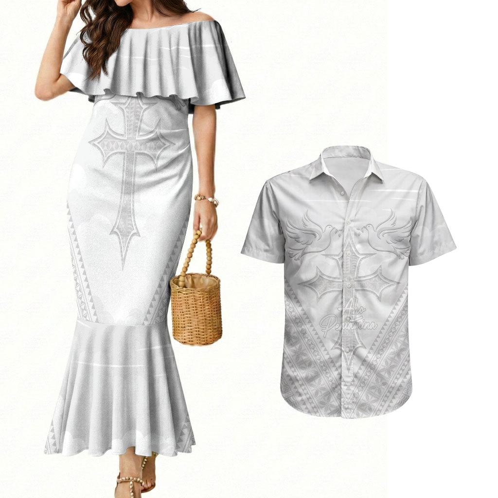 Peniamina Gospel Day Niue Couples Matching Mermaid Dress and Hawaiian Shirt Cross Dove Hiapo Pattern White LT14 White - Polynesian Pride