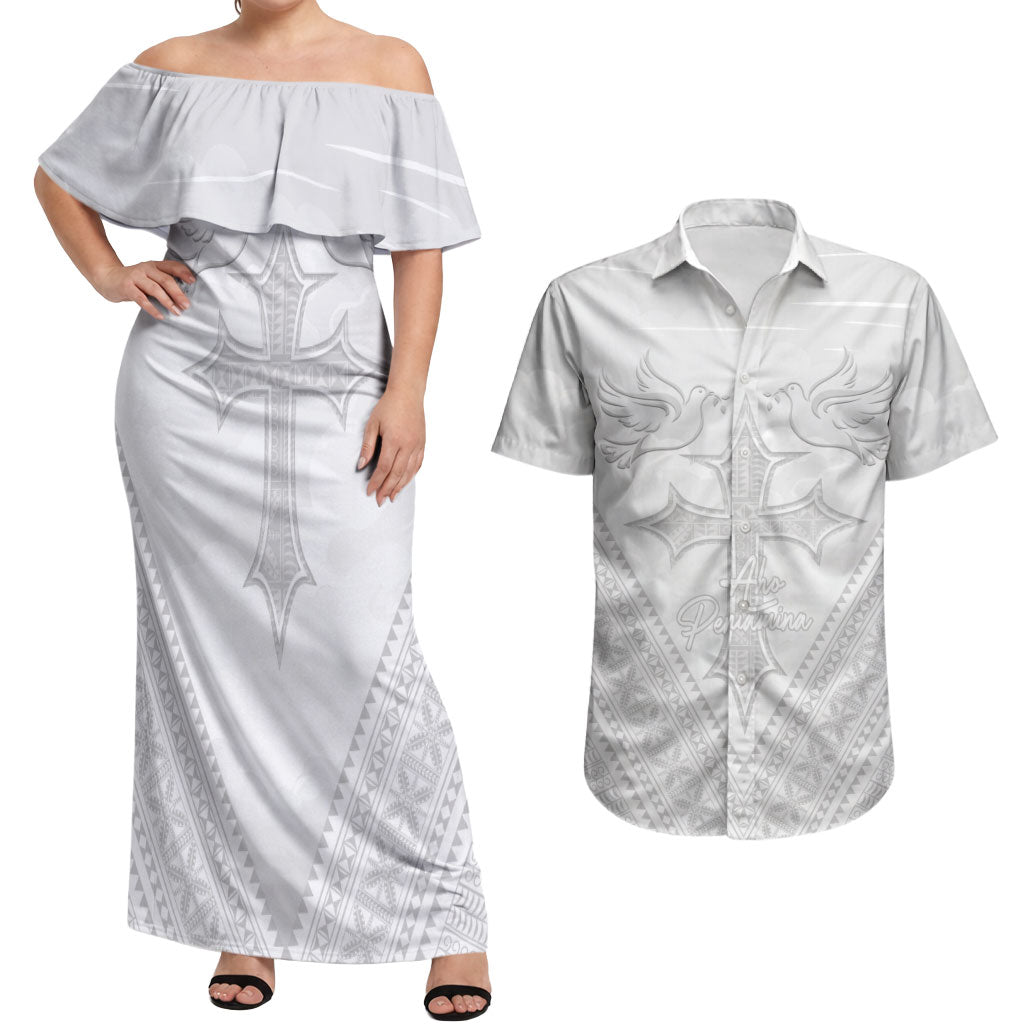 Peniamina Gospel Day Niue Couples Matching Off Shoulder Maxi Dress and Hawaiian Shirt Cross Dove Hiapo Pattern White LT14 White - Polynesian Pride