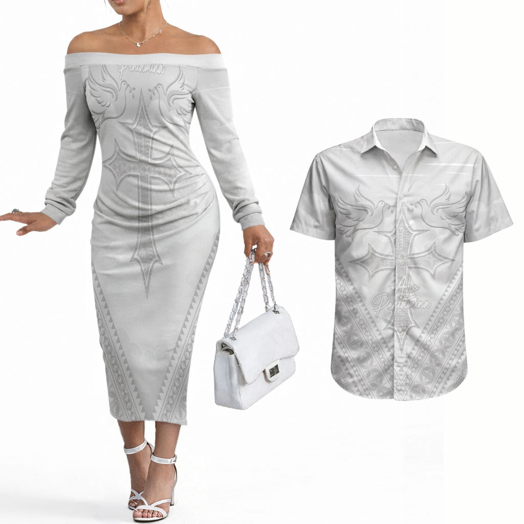 Peniamina Gospel Day Niue Couples Matching Off The Shoulder Long Sleeve Dress and Hawaiian Shirt Cross Dove Hiapo Pattern White LT14 White - Polynesian Pride
