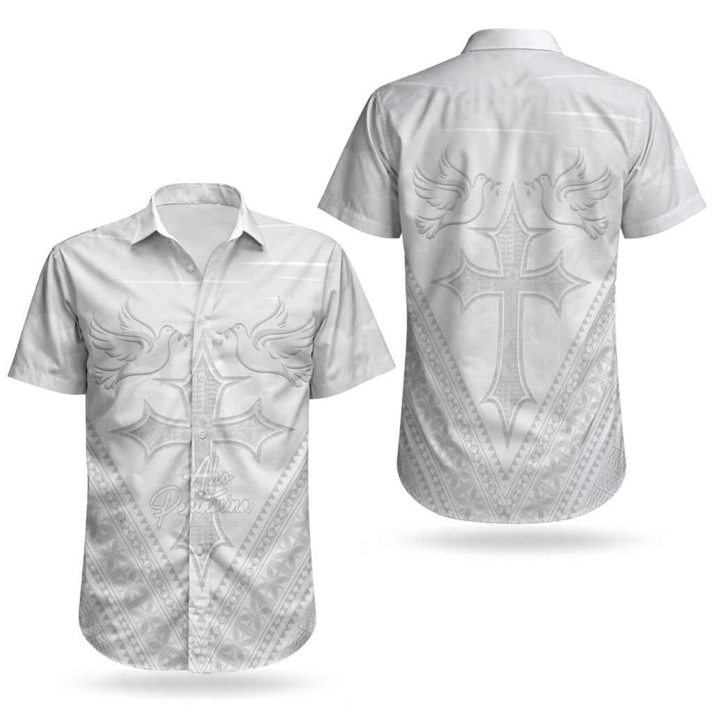 Peniamina Gospel Day Niue Couples Matching Off The Shoulder Long Sleeve Dress and Hawaiian Shirt Cross Dove Hiapo Pattern White LT14 - Polynesian Pride