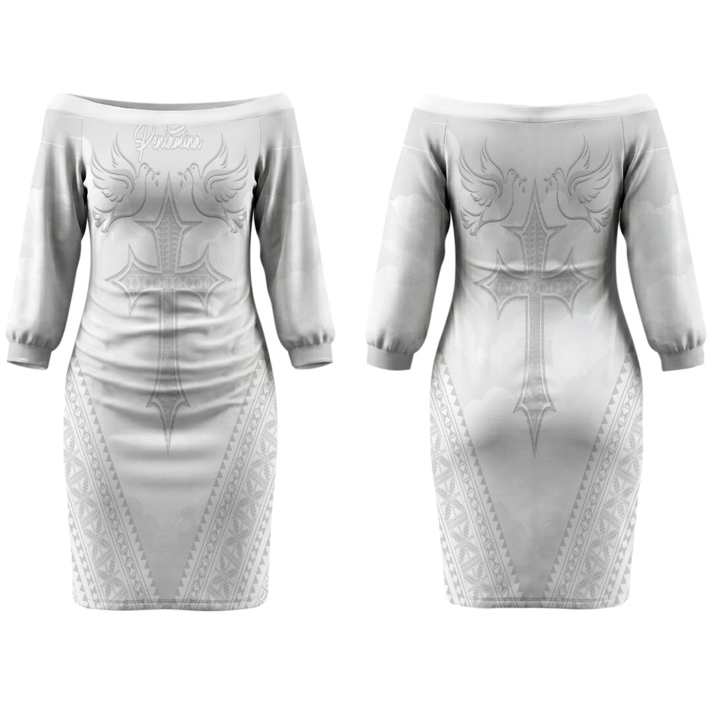 Peniamina Gospel Day Niue Couples Matching Off The Shoulder Long Sleeve Dress and Hawaiian Shirt Cross Dove Hiapo Pattern White LT14 - Polynesian Pride