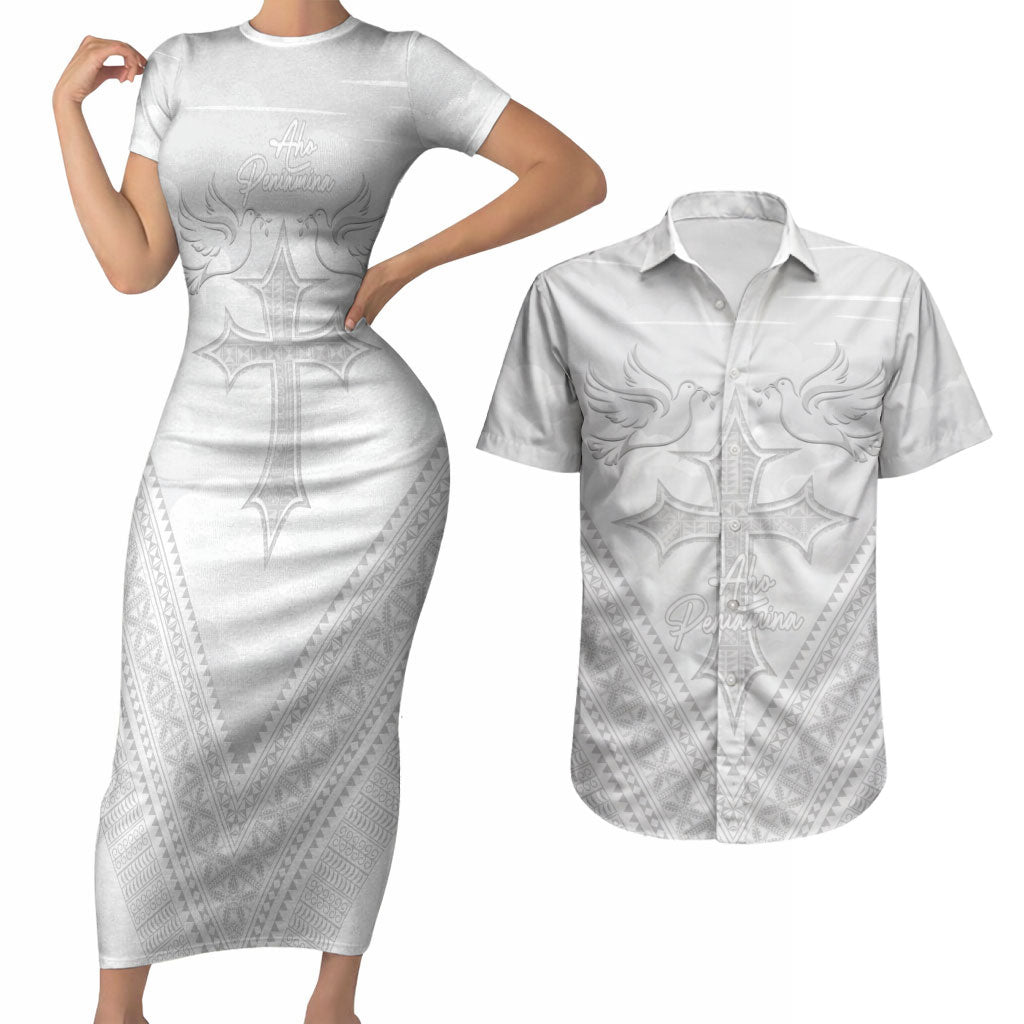 Peniamina Gospel Day Niue Couples Matching Short Sleeve Bodycon Dress and Hawaiian Shirt Cross Dove Hiapo Pattern White
