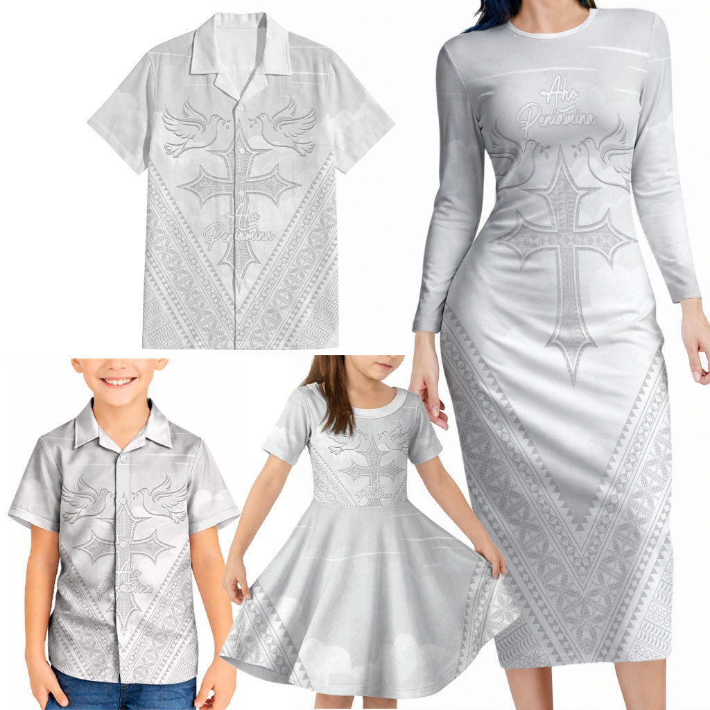 Peniamina Gospel Day Niue Family Matching Long Sleeve Bodycon Dress and Hawaiian Shirt Cross Dove Hiapo Pattern White LT14 - Polynesian Pride