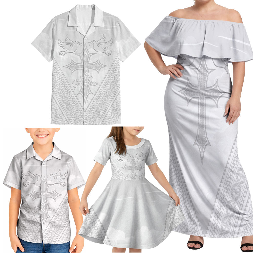 Peniamina Gospel Day Niue Family Matching Off Shoulder Maxi Dress and Hawaiian Shirt Cross Dove Hiapo Pattern White LT14 - Polynesian Pride