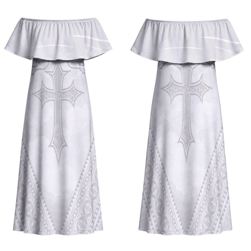Peniamina Gospel Day Niue Family Matching Off Shoulder Maxi Dress and Hawaiian Shirt Cross Dove Hiapo Pattern White LT14 Mom's Dress White - Polynesian Pride