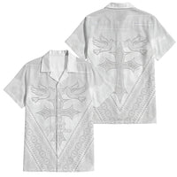 Peniamina Gospel Day Niue Family Matching Off Shoulder Maxi Dress and Hawaiian Shirt Cross Dove Hiapo Pattern White LT14 Dad's Shirt - Short Sleeve White - Polynesian Pride