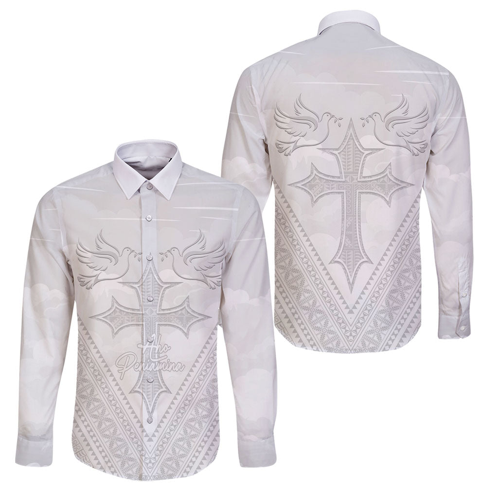 Peniamina Gospel Day Niue Family Matching Off Shoulder Maxi Dress and Hawaiian Shirt Cross Dove Hiapo Pattern White LT14 Dad's Shirt - Long Sleeve White - Polynesian Pride