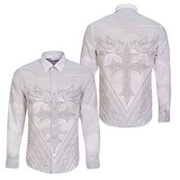 Peniamina Gospel Day Niue Family Matching Off Shoulder Maxi Dress and Hawaiian Shirt Cross Dove Hiapo Pattern White LT14 Dad's Shirt - Long Sleeve White - Polynesian Pride