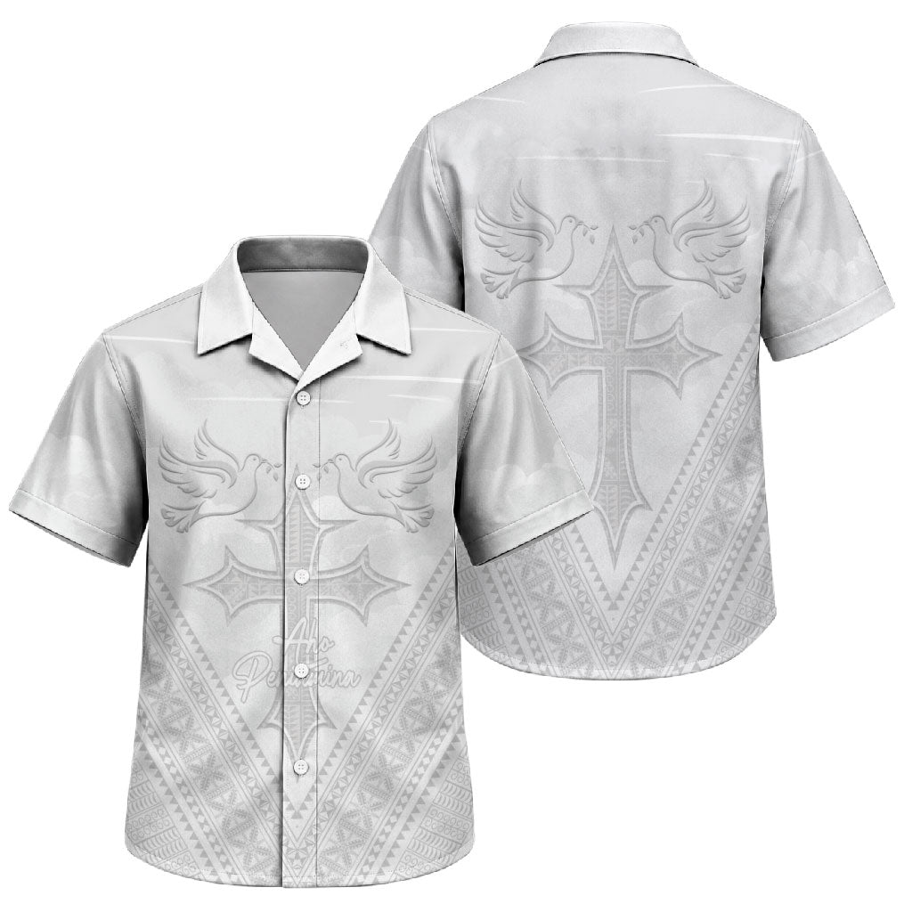 Peniamina Gospel Day Niue Family Matching Off Shoulder Maxi Dress and Hawaiian Shirt Cross Dove Hiapo Pattern White LT14 Son's Shirt White - Polynesian Pride