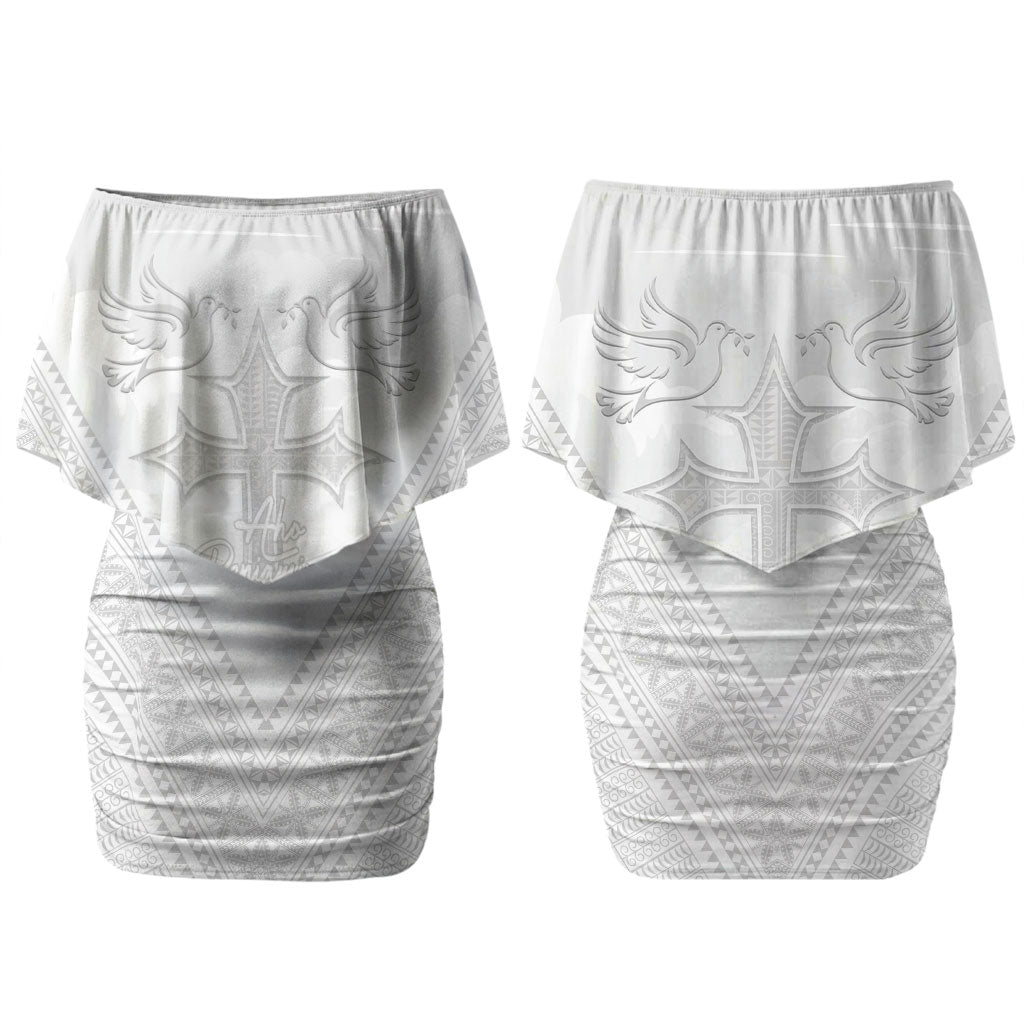 Peniamina Gospel Day Niue Family Matching Off Shoulder Short Dress and Hawaiian Shirt Cross Dove Hiapo Pattern White LT14 Mom's Dress White - Polynesian Pride
