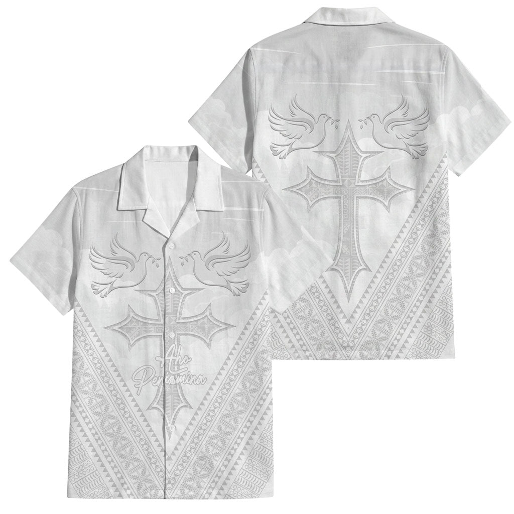 Peniamina Gospel Day Niue Family Matching Off Shoulder Short Dress and Hawaiian Shirt Cross Dove Hiapo Pattern White LT14 Dad's Shirt - Short Sleeve White - Polynesian Pride