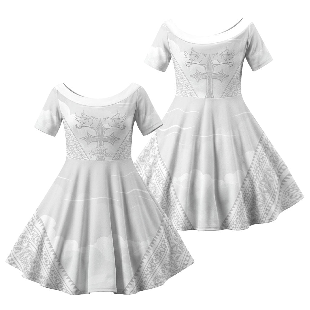 Peniamina Gospel Day Niue Family Matching Off Shoulder Short Dress and Hawaiian Shirt Cross Dove Hiapo Pattern White LT14 Daughter's Dress White - Polynesian Pride