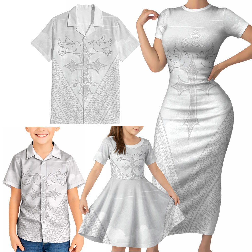 Peniamina Gospel Day Niue Family Matching Short Sleeve Bodycon Dress and Hawaiian Shirt Cross Dove Hiapo Pattern White LT14 - Polynesian Pride