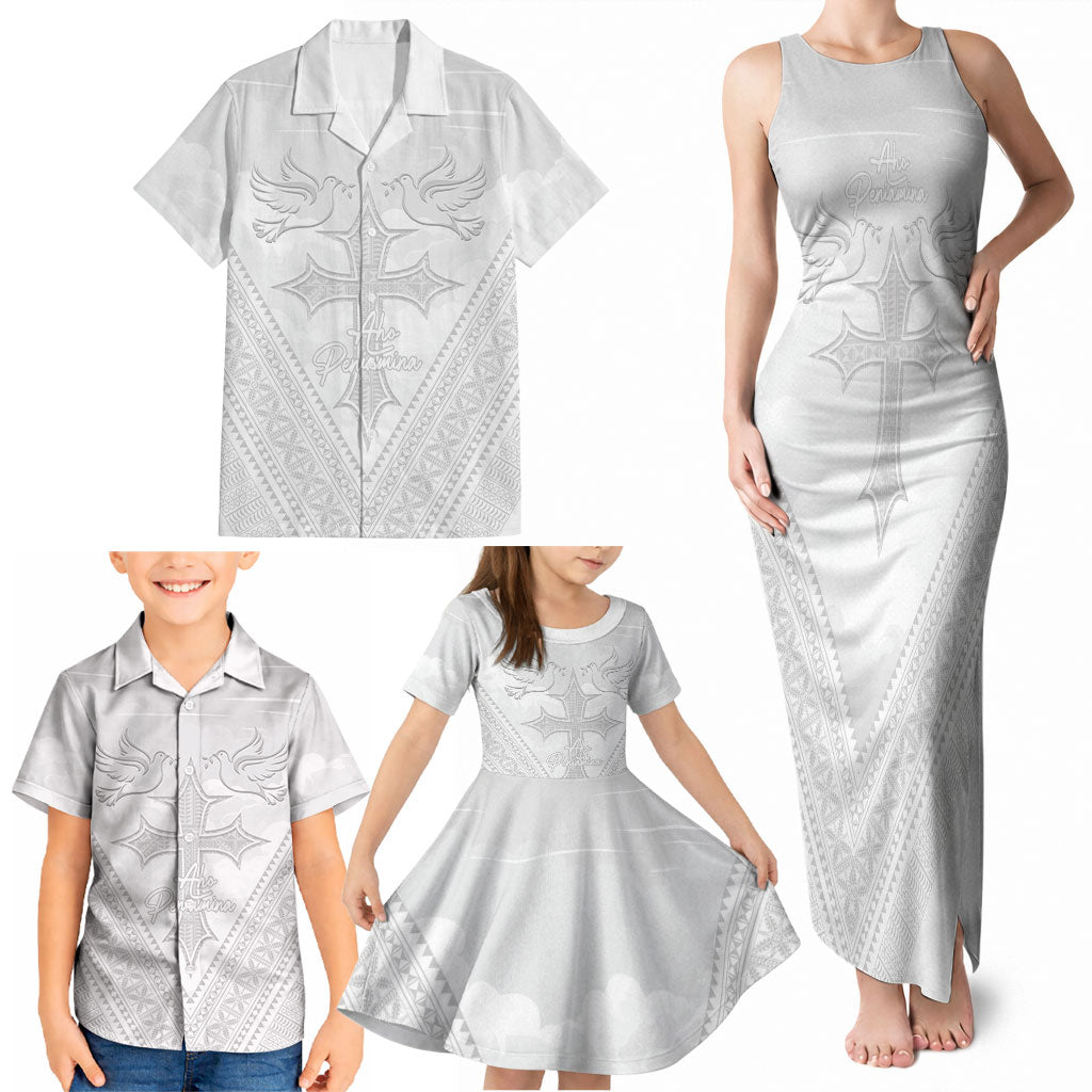 Peniamina Gospel Day Niue Family Matching Tank Maxi Dress and Hawaiian Shirt Cross Dove Hiapo Pattern White LT14 - Polynesian Pride