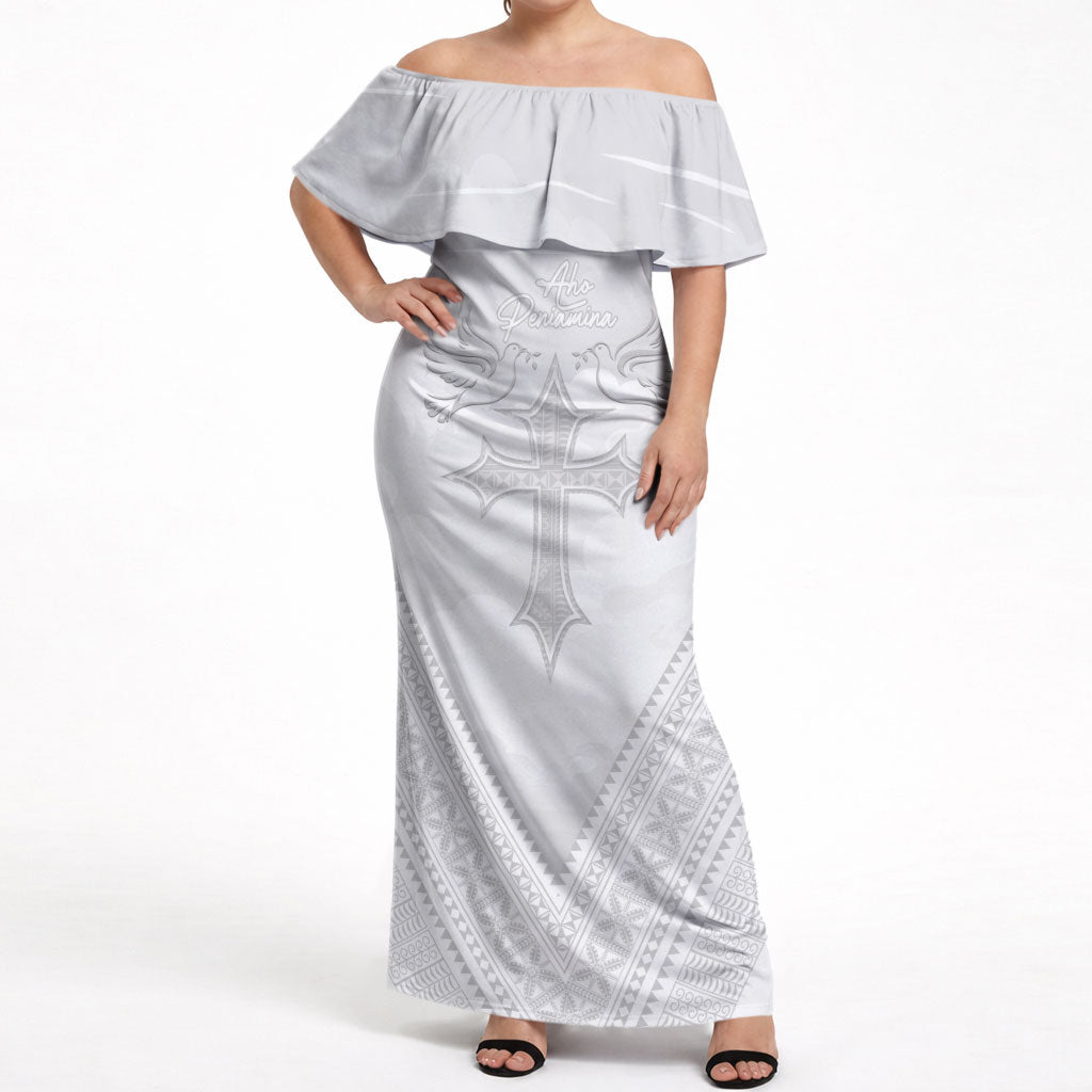 Peniamina Gospel Day Niue Off Shoulder Maxi Dress Cross Dove Hiapo Pattern White