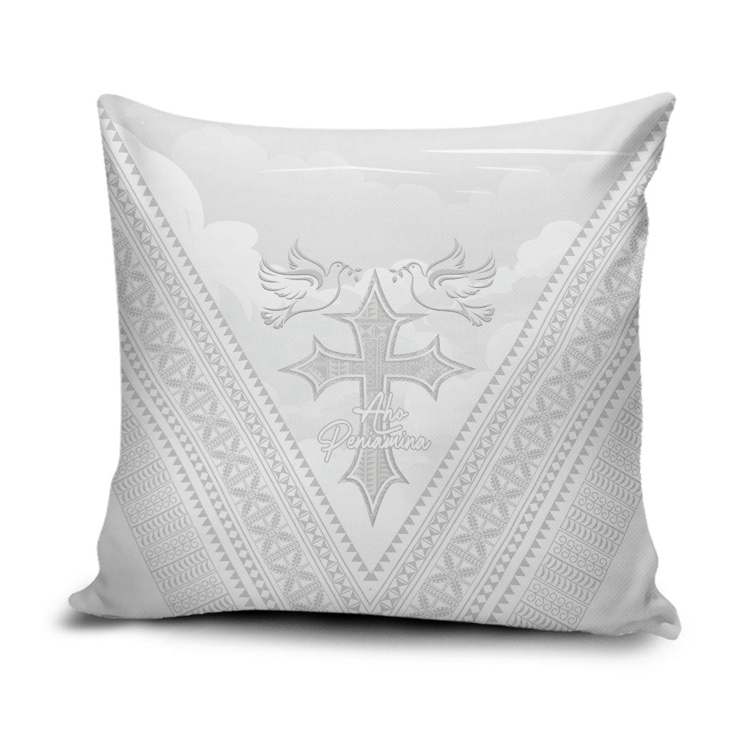 Peniamina Gospel Day Niue Pillow Cover Cross Dove Hiapo Pattern White