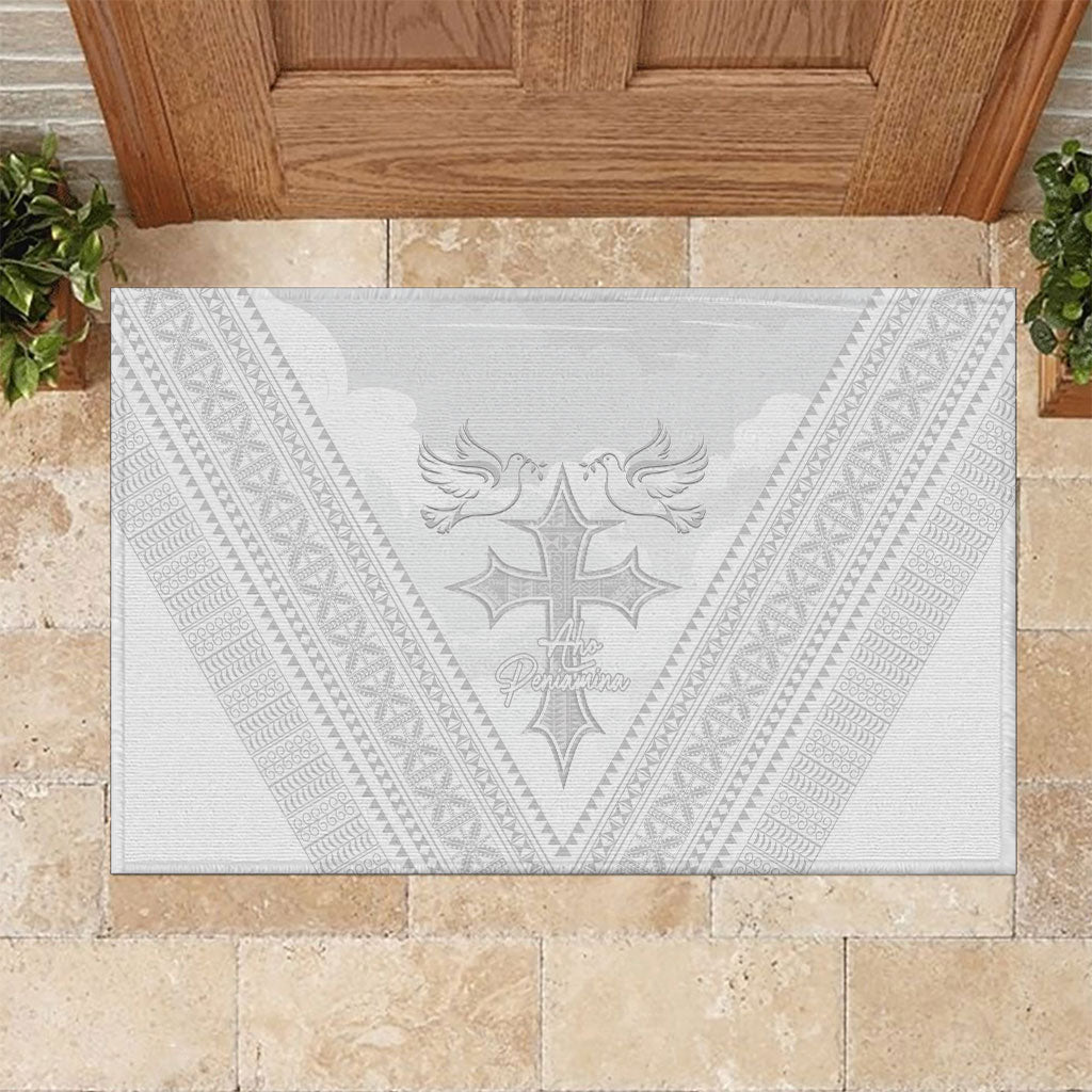 Peniamina Gospel Day Niue Rubber Doormat Cross Dove Hiapo Pattern White
