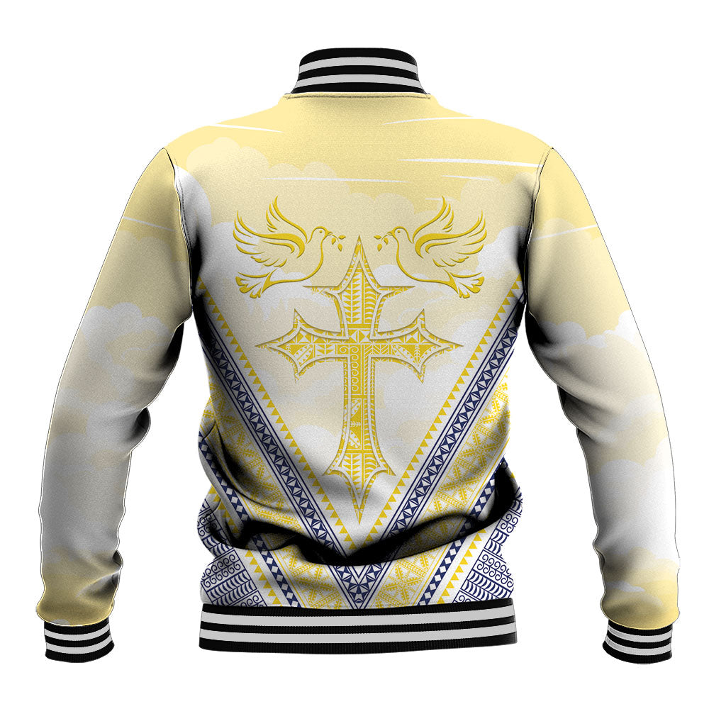 Peniamina Gospel Day Niue Baseball Jacket Cross Dove Hiapo Pattern Yellow