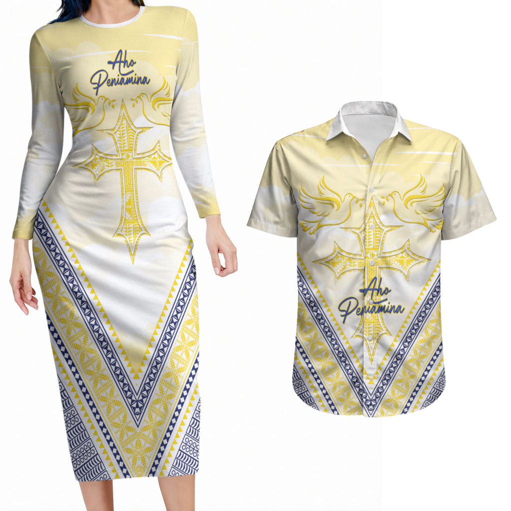 Peniamina Gospel Day Niue Couples Matching Long Sleeve Bodycon Dress and Hawaiian Shirt Cross Dove Hiapo Pattern Yellow LT14 Yellow - Polynesian Pride