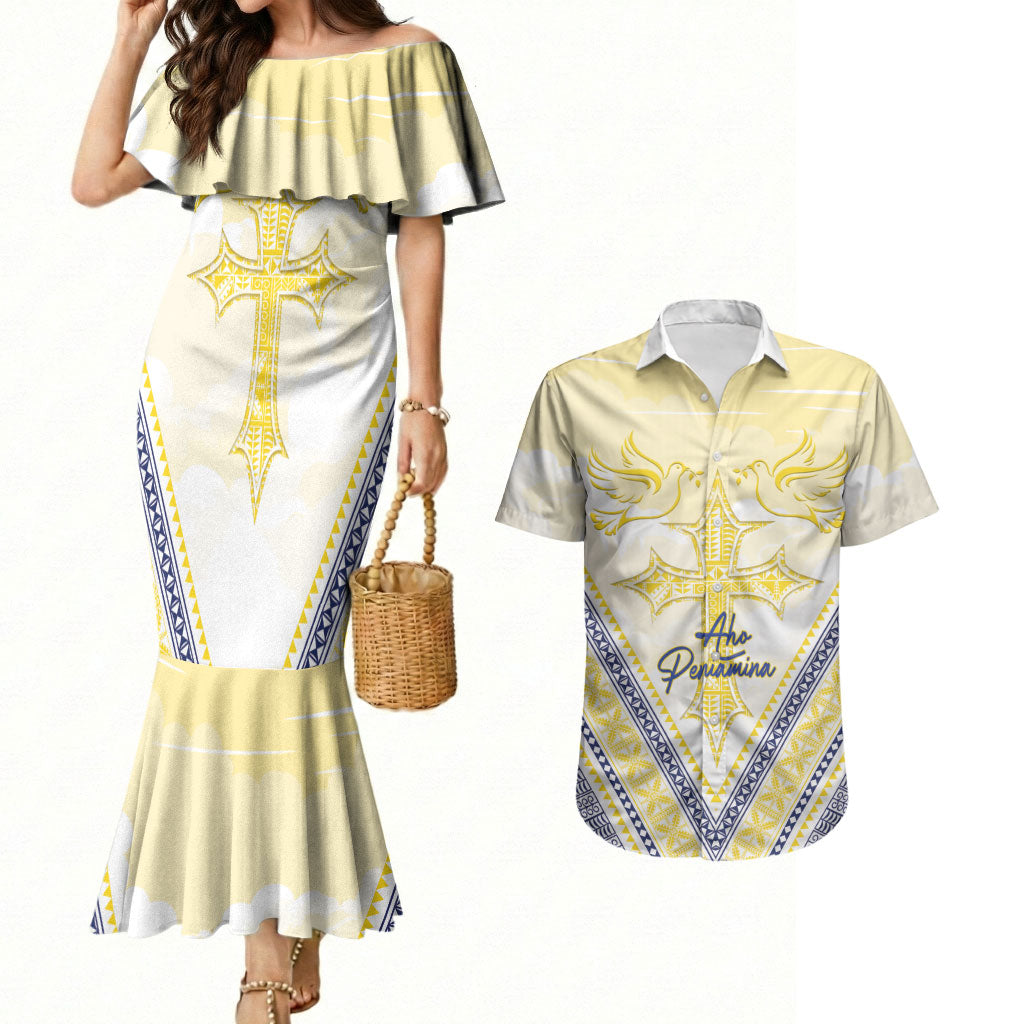 Peniamina Gospel Day Niue Couples Matching Mermaid Dress and Hawaiian Shirt Cross Dove Hiapo Pattern Yellow LT14 Yellow - Polynesian Pride