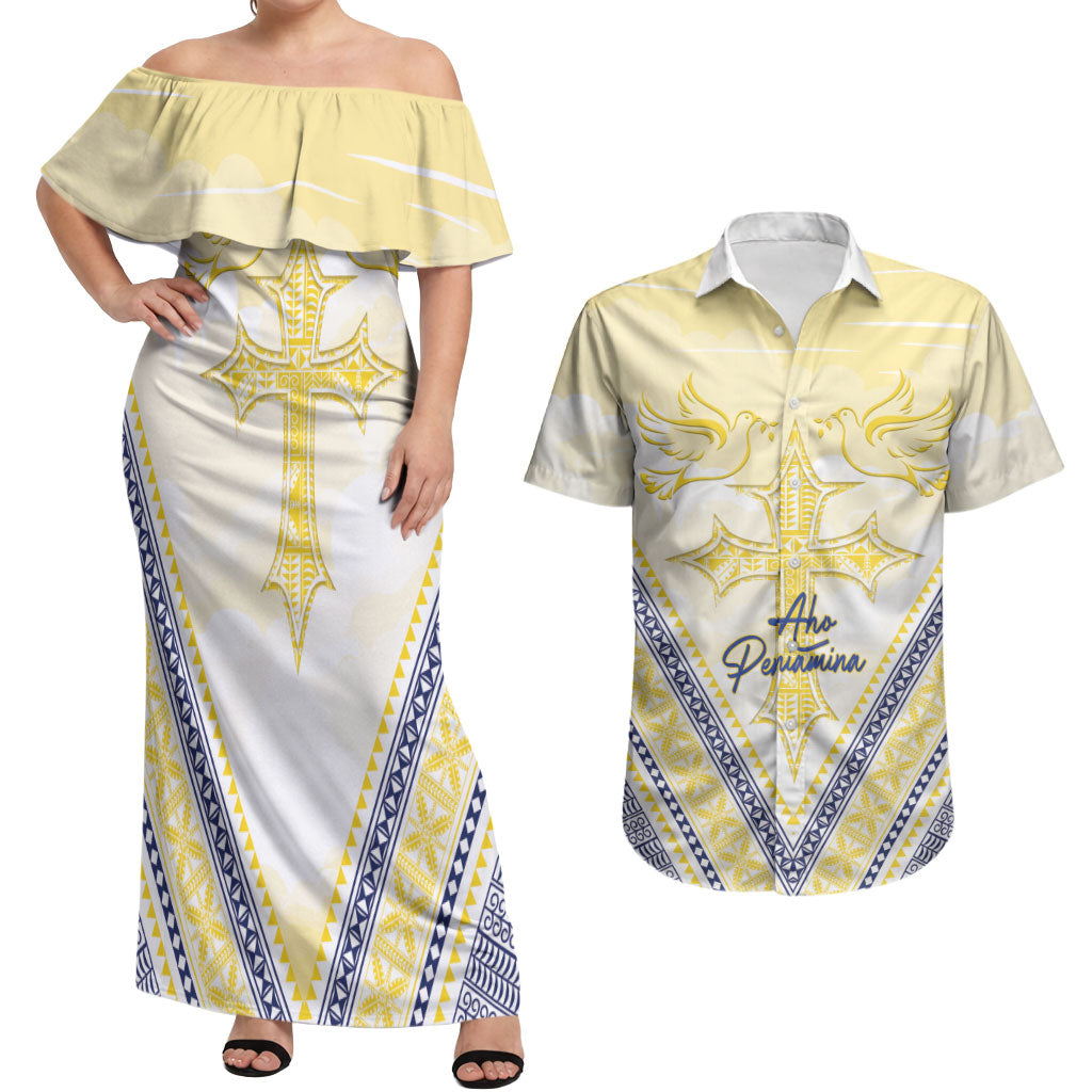 Peniamina Gospel Day Niue Couples Matching Off Shoulder Maxi Dress and Hawaiian Shirt Cross Dove Hiapo Pattern Yellow LT14 Yellow - Polynesian Pride