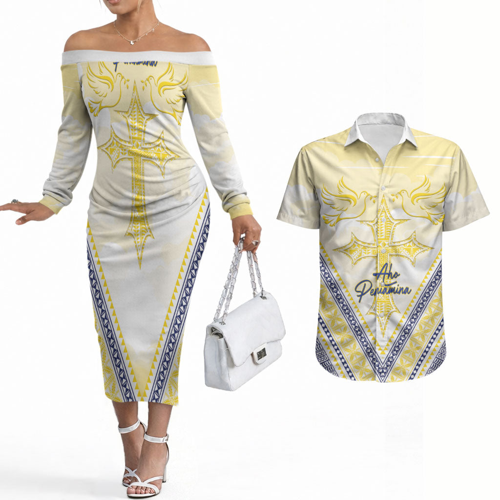 Peniamina Gospel Day Niue Couples Matching Off The Shoulder Long Sleeve Dress and Hawaiian Shirt Cross Dove Hiapo Pattern Yellow LT14 Yellow - Polynesian Pride
