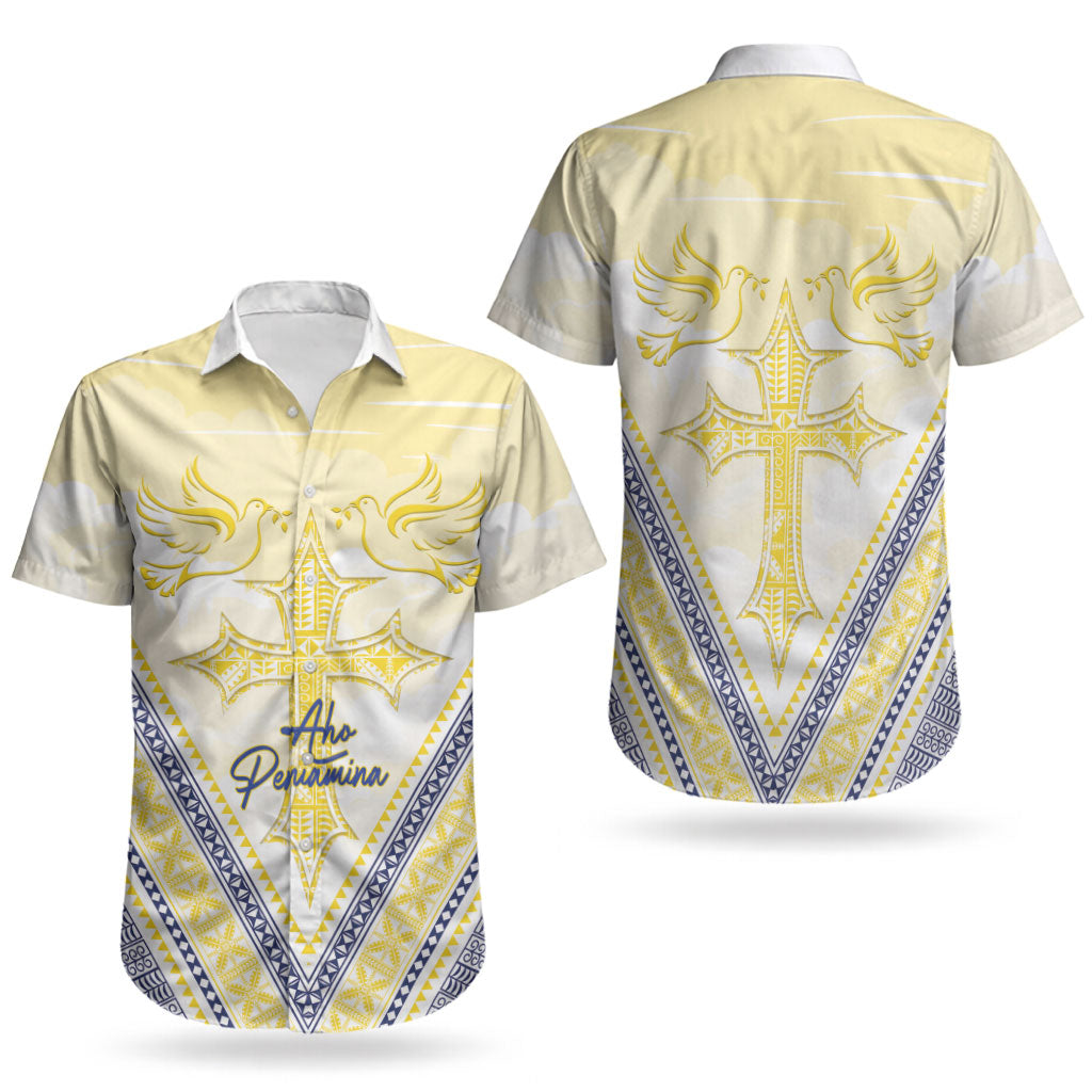 Peniamina Gospel Day Niue Couples Matching Short Sleeve Bodycon Dress and Hawaiian Shirt Cross Dove Hiapo Pattern Yellow