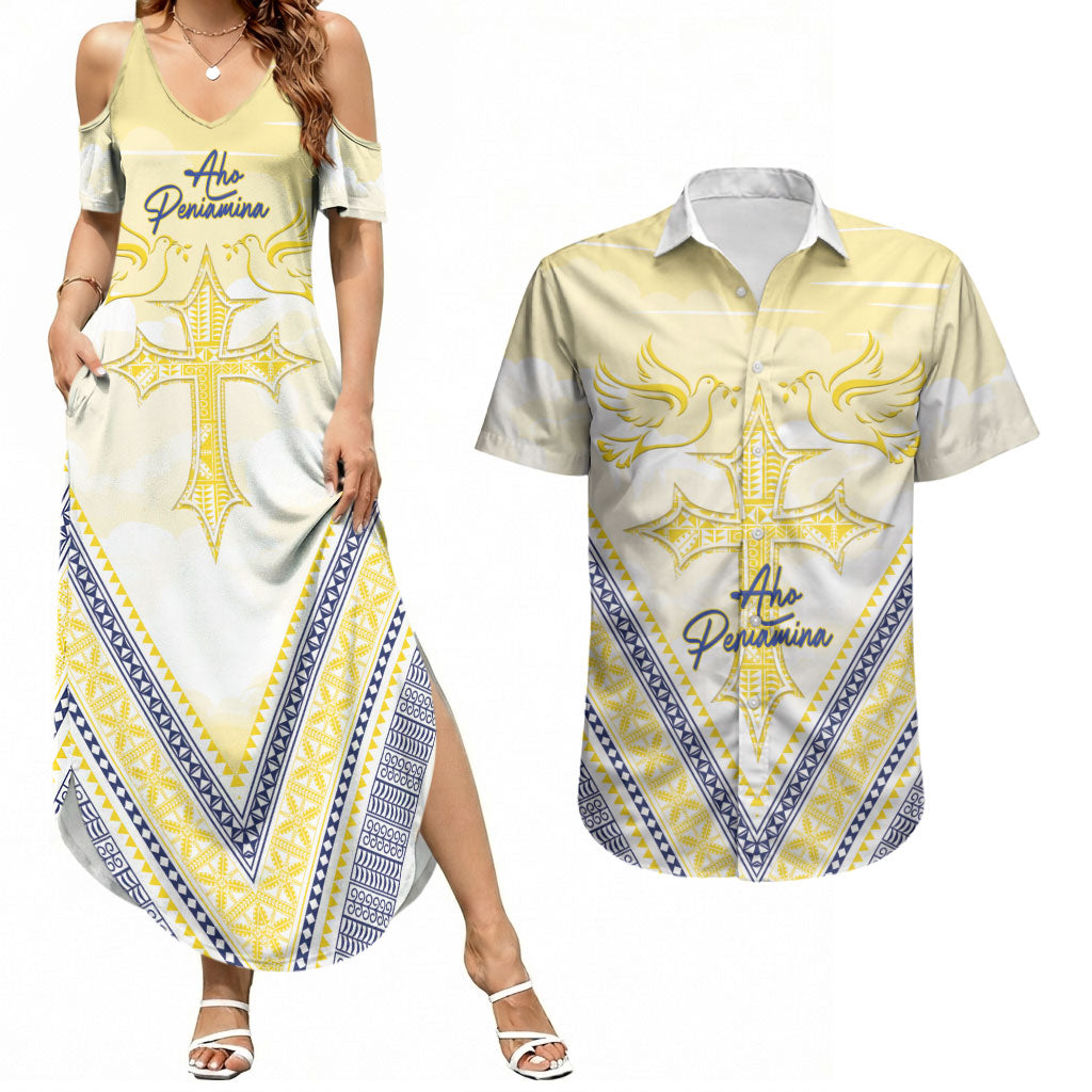 Peniamina Gospel Day Niue Couples Matching Summer Maxi Dress and Hawaiian Shirt Cross Dove Hiapo Pattern Yellow LT14 Yellow - Polynesian Pride