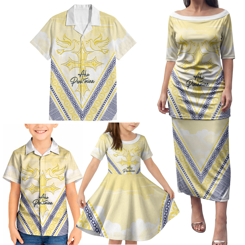 Peniamina Gospel Day Niue Family Matching Puletasi and Hawaiian Shirt Cross Dove Hiapo Pattern Yellow