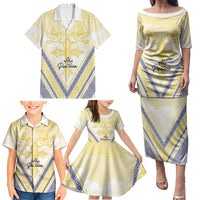 Peniamina Gospel Day Niue Family Matching Puletasi and Hawaiian Shirt Cross Dove Hiapo Pattern Yellow