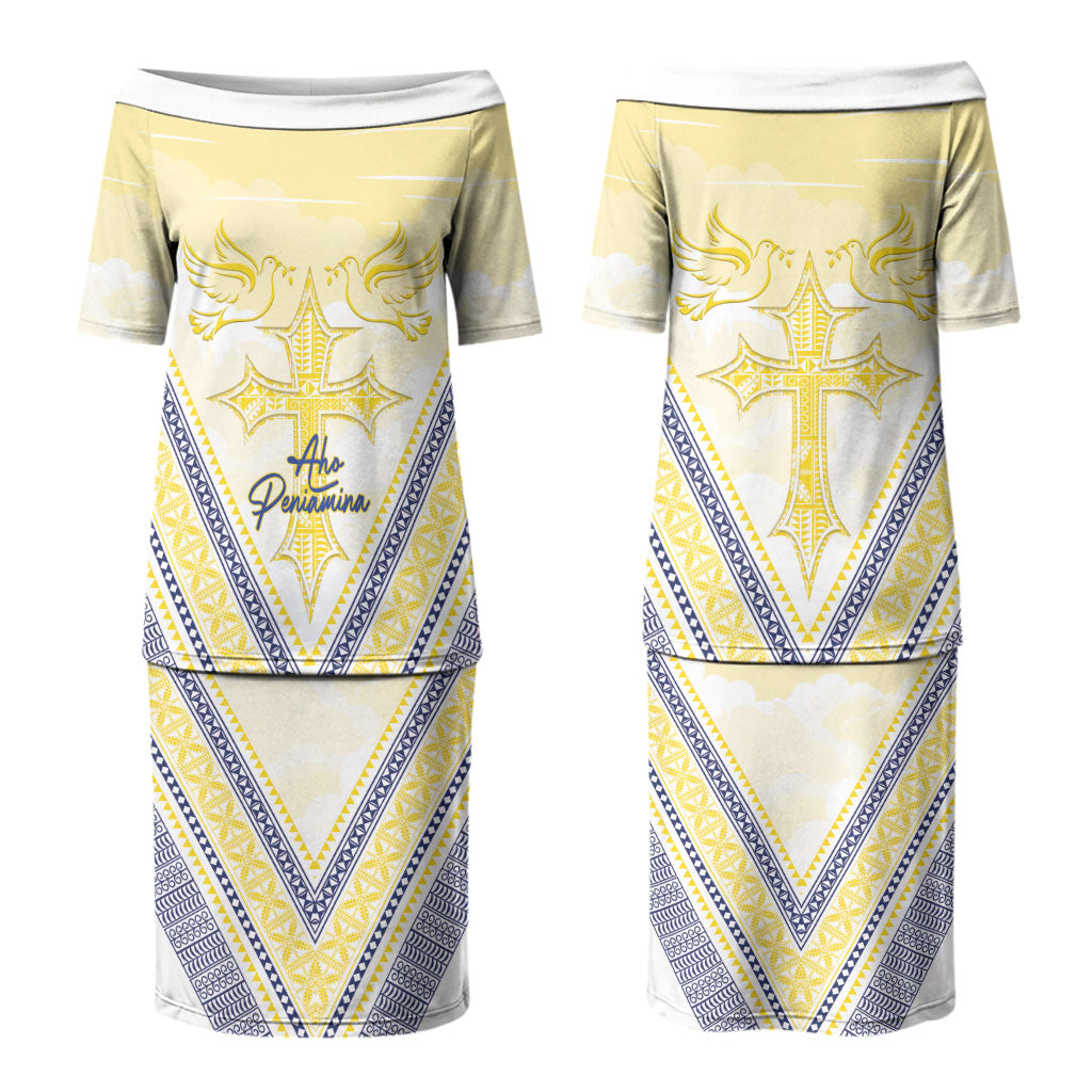Peniamina Gospel Day Niue Family Matching Puletasi and Hawaiian Shirt Cross Dove Hiapo Pattern Yellow