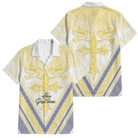 Peniamina Gospel Day Niue Family Matching Puletasi and Hawaiian Shirt Cross Dove Hiapo Pattern Yellow