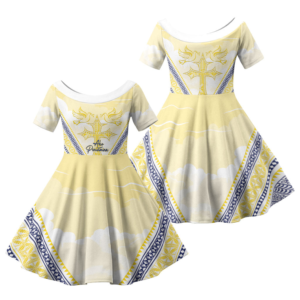 Peniamina Gospel Day Niue Family Matching Puletasi and Hawaiian Shirt Cross Dove Hiapo Pattern Yellow