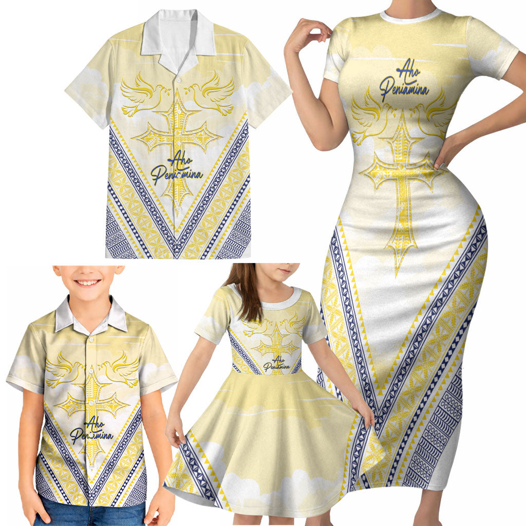 Peniamina Gospel Day Niue Family Matching Short Sleeve Bodycon Dress and Hawaiian Shirt Cross Dove Hiapo Pattern Yellow LT14 - Polynesian Pride