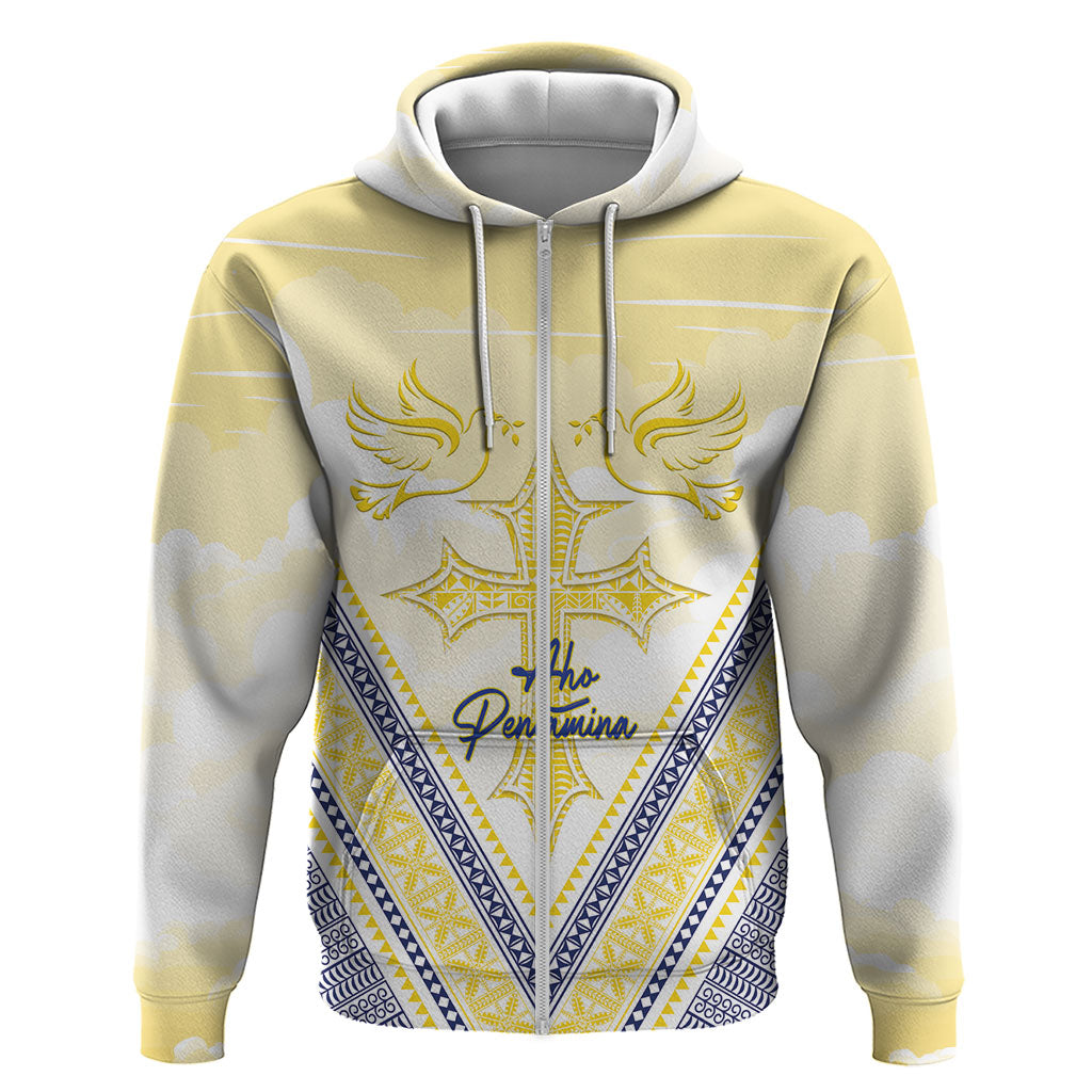 Peniamina Gospel Day Niue Hoodie Cross Dove Hiapo Pattern Yellow LT14 Zip Hoodie Yellow - Polynesian Pride