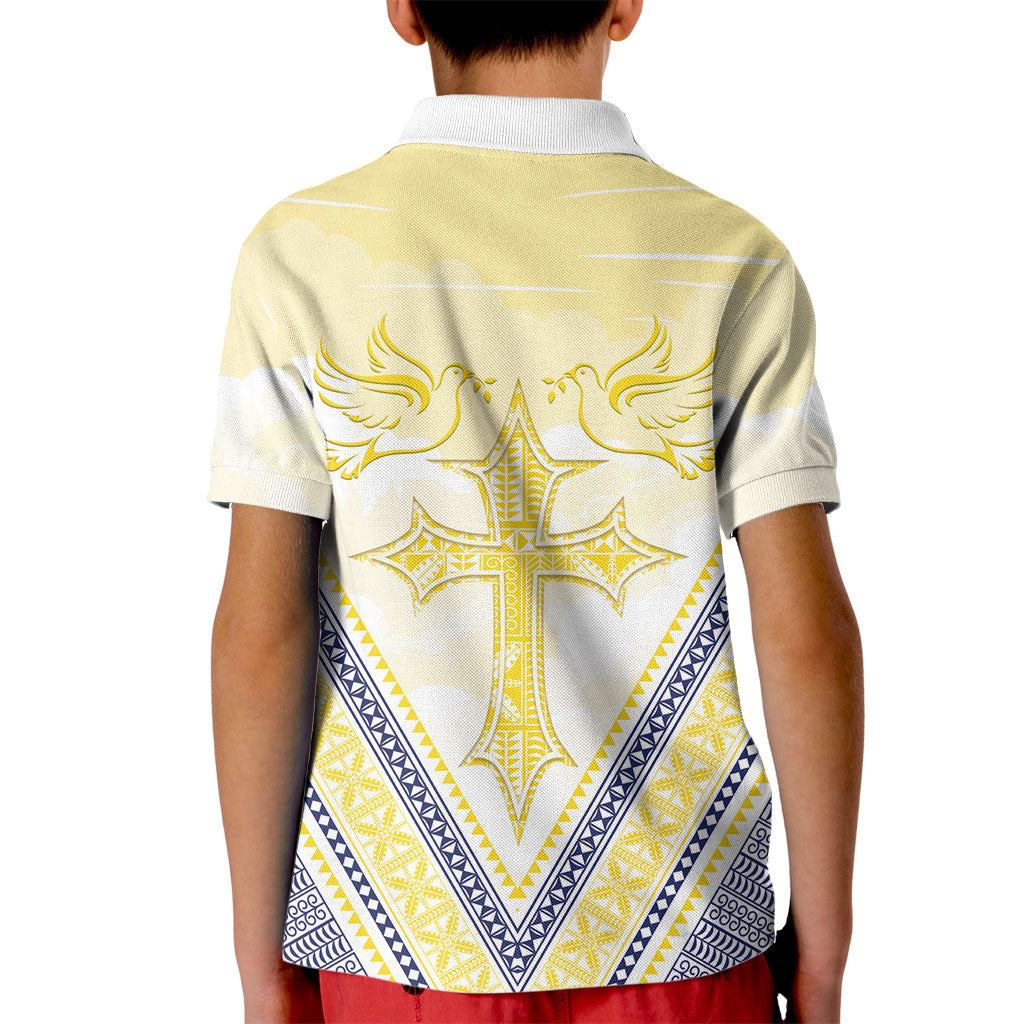 Peniamina Gospel Day Niue Kid Polo Shirt Cross Dove Hiapo Pattern Yellow